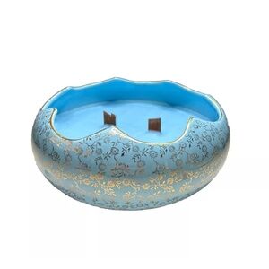 Hand Crafted Scented Candle in Vintage Abstract Blue Bowl w/ 24k Flowers